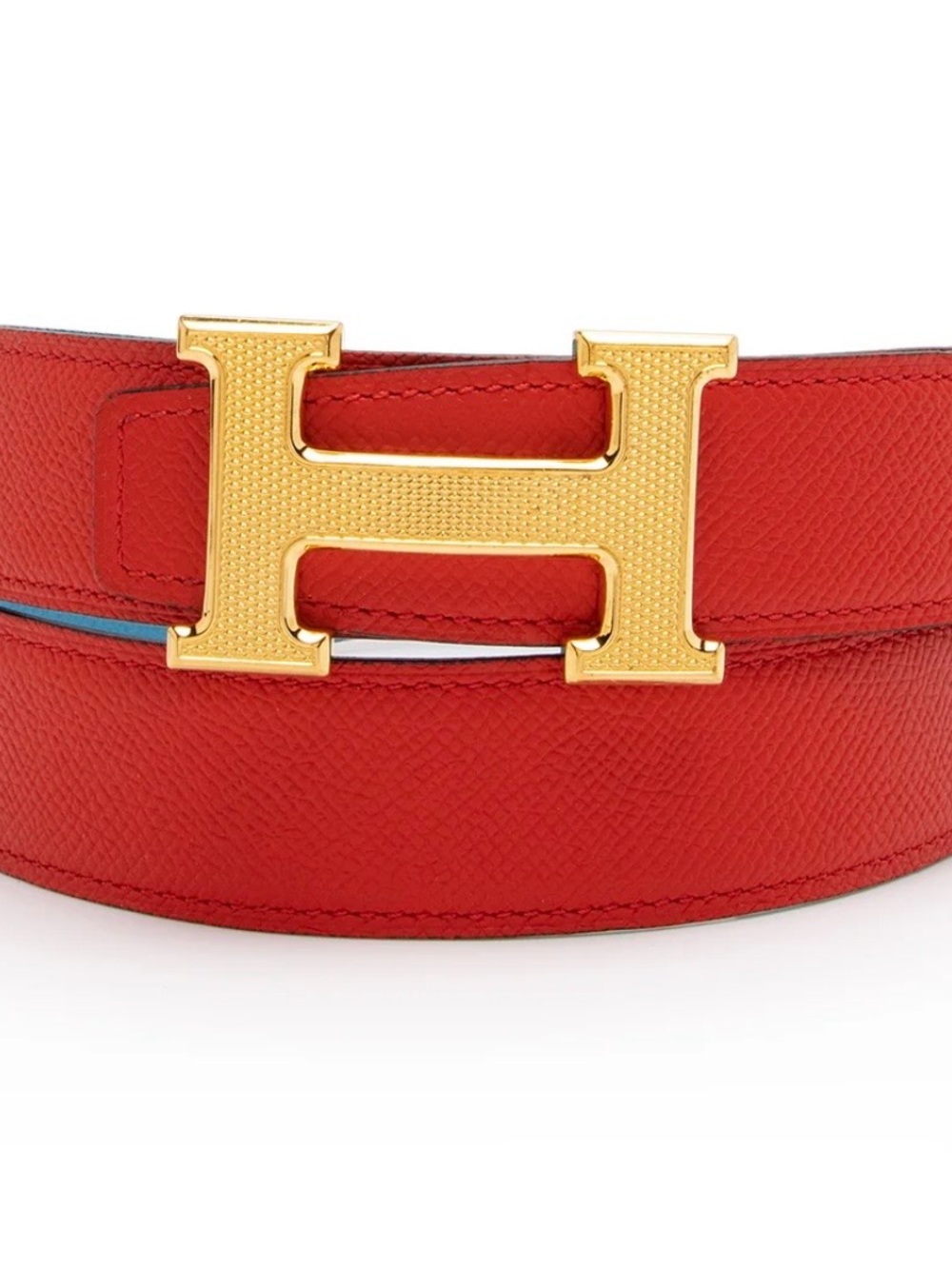Hermes Red Hermes Epsom H Guillochee Leather Belt with Gold H Black Rev Buckle